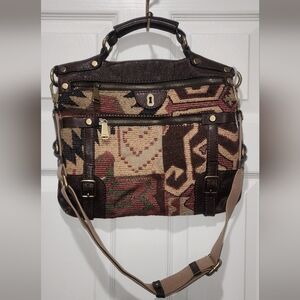 Fossil Emilia Long Live Vintage Collection Tapestry and Brown Leather Crossbody